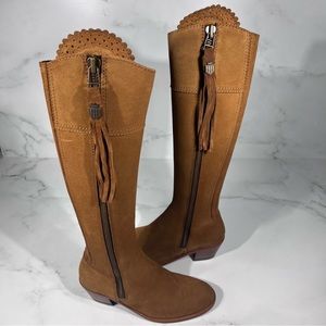 Fairfax & Favor Heeled Regina Tan Suede Leather Tall Tassel Pull Riding Boots